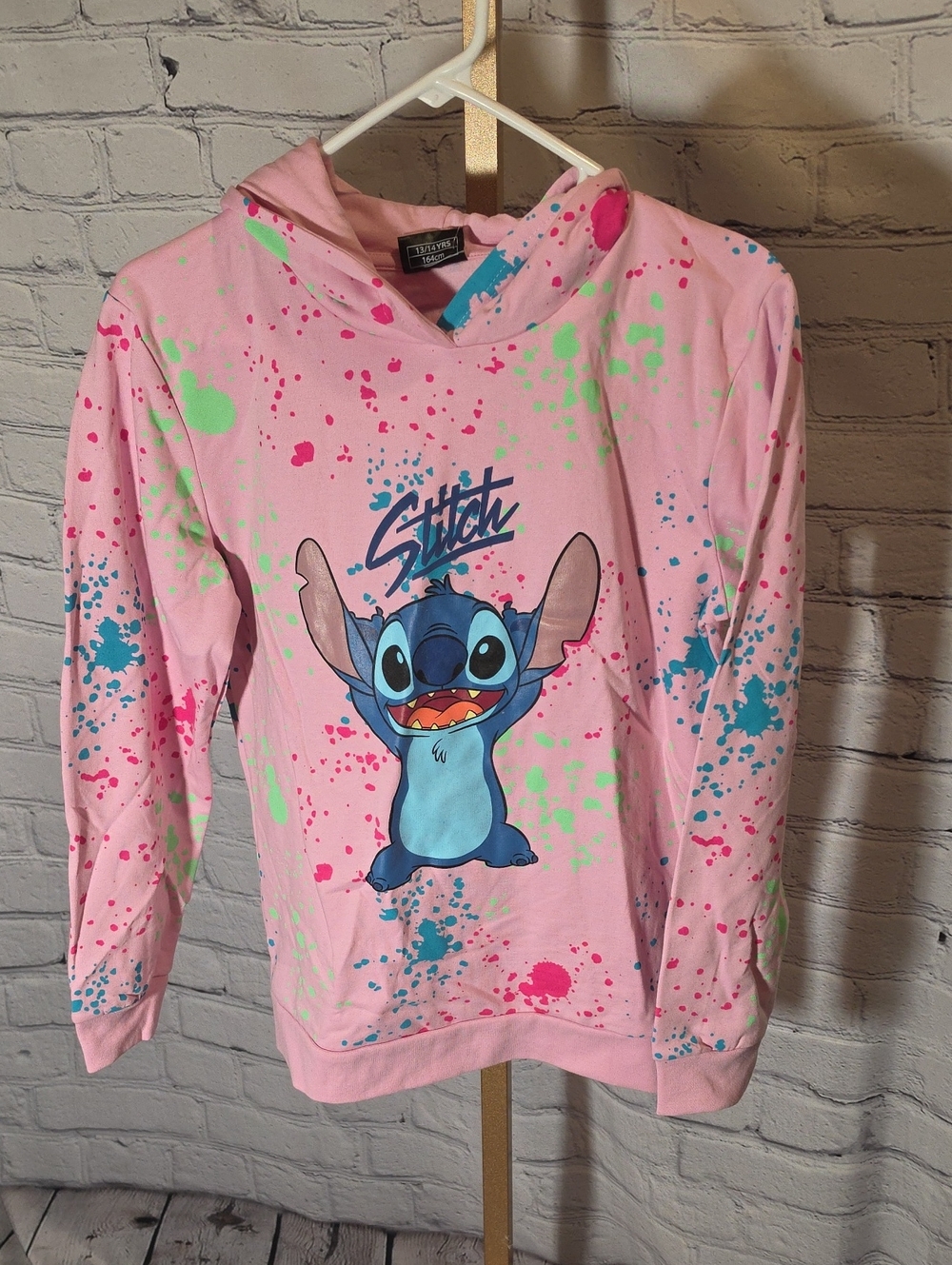 Disney Pink Hoodie with Blue Stitch and Neon Paint Splatter